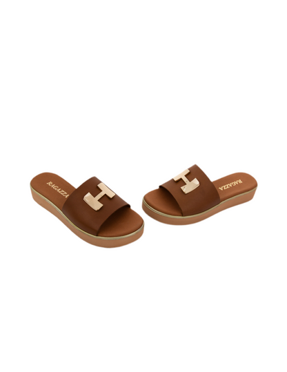 Σανδάλια flatforms δερμάτινα με μεταλλικό σχέδιο Ragazza 01080